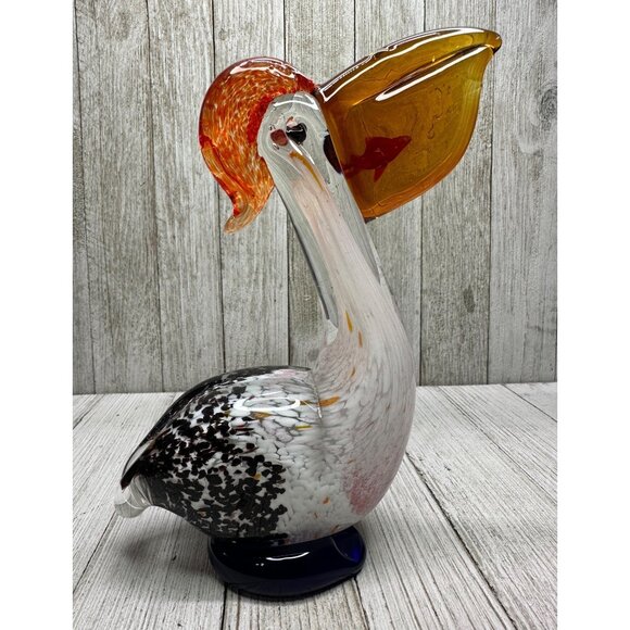 Vtg Hand Blown Art Glass Pelican Bird with Fish Figurine Paper Weight 7" Tall - Picture 1 of 10